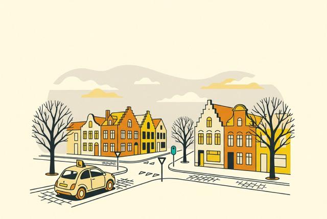 Illustration: a learner car with an L plate on a Belgian street of stepped-gable townhouses, approaching a give-way junction.
