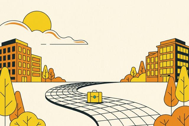 Illustration: two office buildings either side of a long curving path, with a single suitcase set down part-way along it.