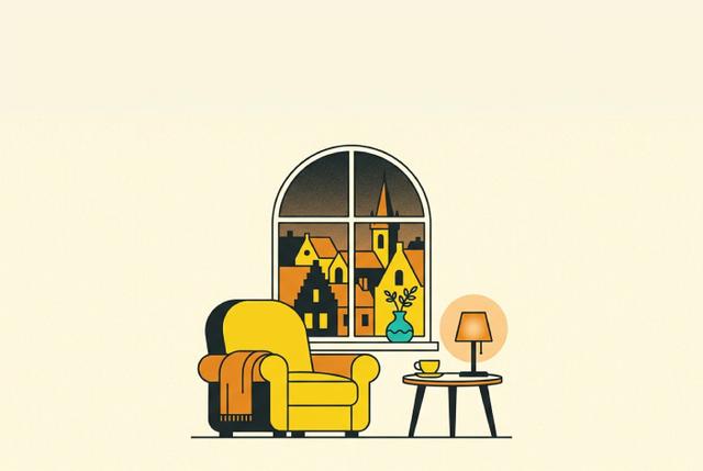 Illustration: a quiet window seat at dusk with an armchair, a folded blanket and a teacup, rooftops visible through the window.