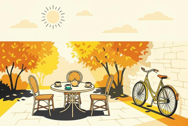 Illustration: a sunny Belgian courtyard garden with a small table, three empty chairs and a bicycle leaning against the wall.